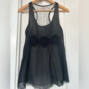 Max Studio Black Silk Tank Top with Floral Accents